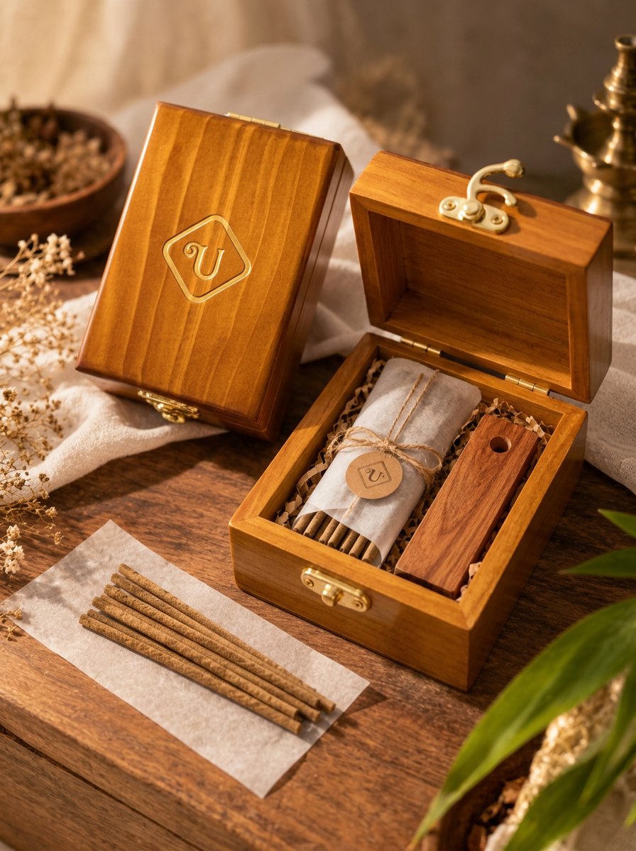 Open Channapatna box holding 30 Lavancha aroma sticks and a wooden holder