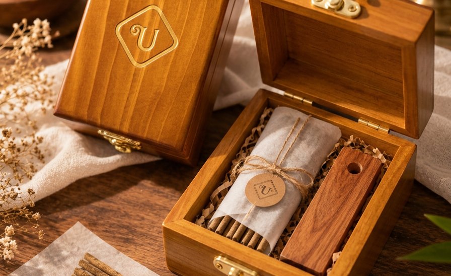 The Udupi Sugandha keepsake box, open, with its roll of aroma sticks tied in jute