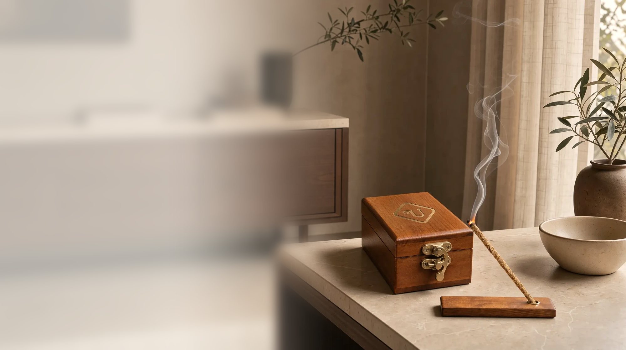 A lit Udupi Sugandha aroma stick in a wooden holder beside a Channapatna box with the brass U monogram, on a stone table in a calm room