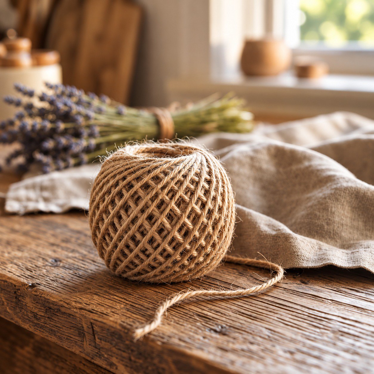 A ball of natural jute thread on linen